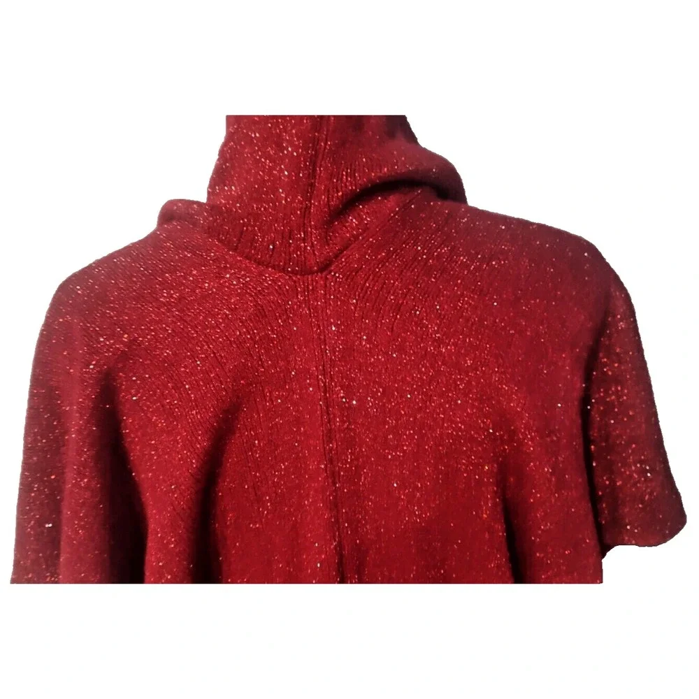 Women's Red Poncho Hooded‎ Knit Shawl whit Ruffle.